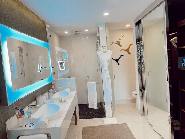 Hair dryer, towels, soap, shampoo
