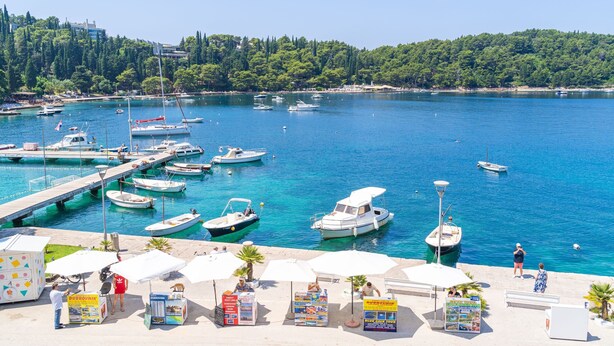 A marina with boats docked, a pier, and beach umbrellas. - Apartments Villa Royale - Deluxe One Bedroom Apartment with Sea View (Cavtat)