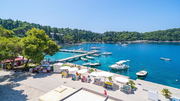 Un port de plaisance avec des bateaux amarrés, une promenade pavée et un ciel bleu azur.