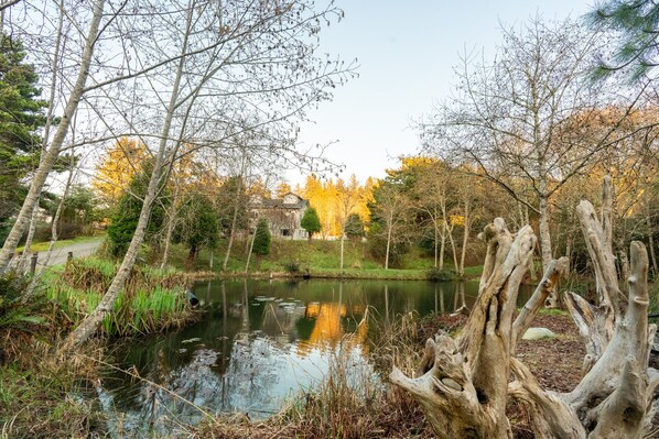 A serene lakeside scene with a wooden dock extending into the water, surrounded by trees and a distant building.