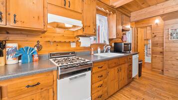 Une cuisine rustique aménagée dans une cabane en bois, avec un poêle, un évier et des placards.