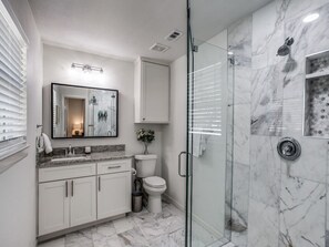 Hair dryer, towels, soap, toilet paper