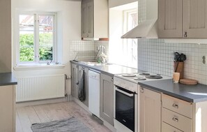 Fridge, stovetop, dishwasher, coffee/tea maker