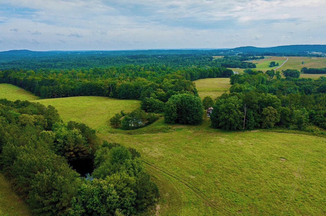 Un paysage rural caractérisé par des collines douces, des forêts denses et une route sinueuse.
