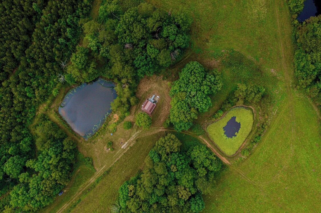 Vista aérea de una propiedad rural con un estanque, una construcción pequeña y un bosque denso.
