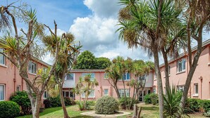 A pathway leading to a row of pink buildings with palm trees and a central bush. - Garden Apartment - UK44654 (Paignton)
