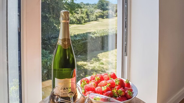 Una ampolla de cava, un bol de maduixes i un vas de vi damunt d'una taula al costat d'una finestra amb vista a un paisatge verd.