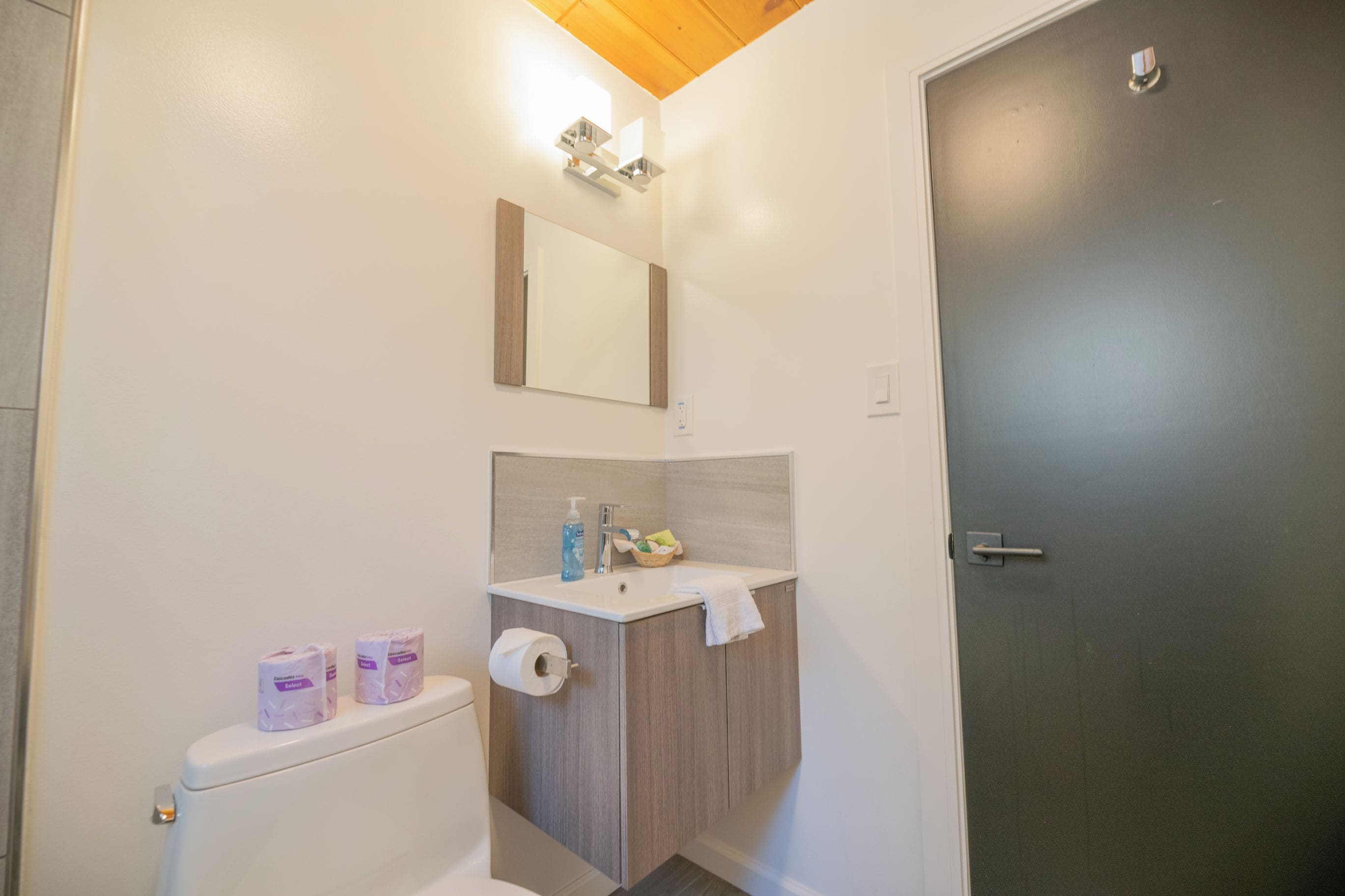 Un baño con inodoro, lavamanos, espejo y toallero.