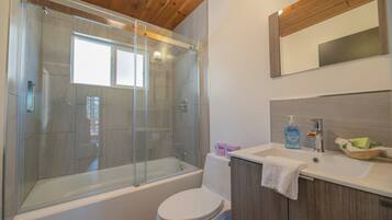 A modern bathroom with a glass-enclosed shower, a white toilet, and a vanity with a mirror and sink.