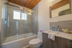 A modern bathroom with a glass-enclosed shower, a white toilet, and a vanity with a mirror and sink. - Forest Escape  (Fawnskin)