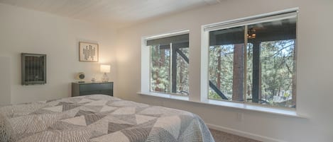 A bedroom with a large bed, two windows, a ceiling fan, and a nightstand with a lamp.