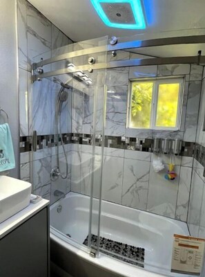 Hair dryer, bidet, towels, soap