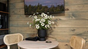 Un interior de madera con una mesa redonda, dos sillas de mimbre, un altavoz negro y una planta en maceta con flores blancas.