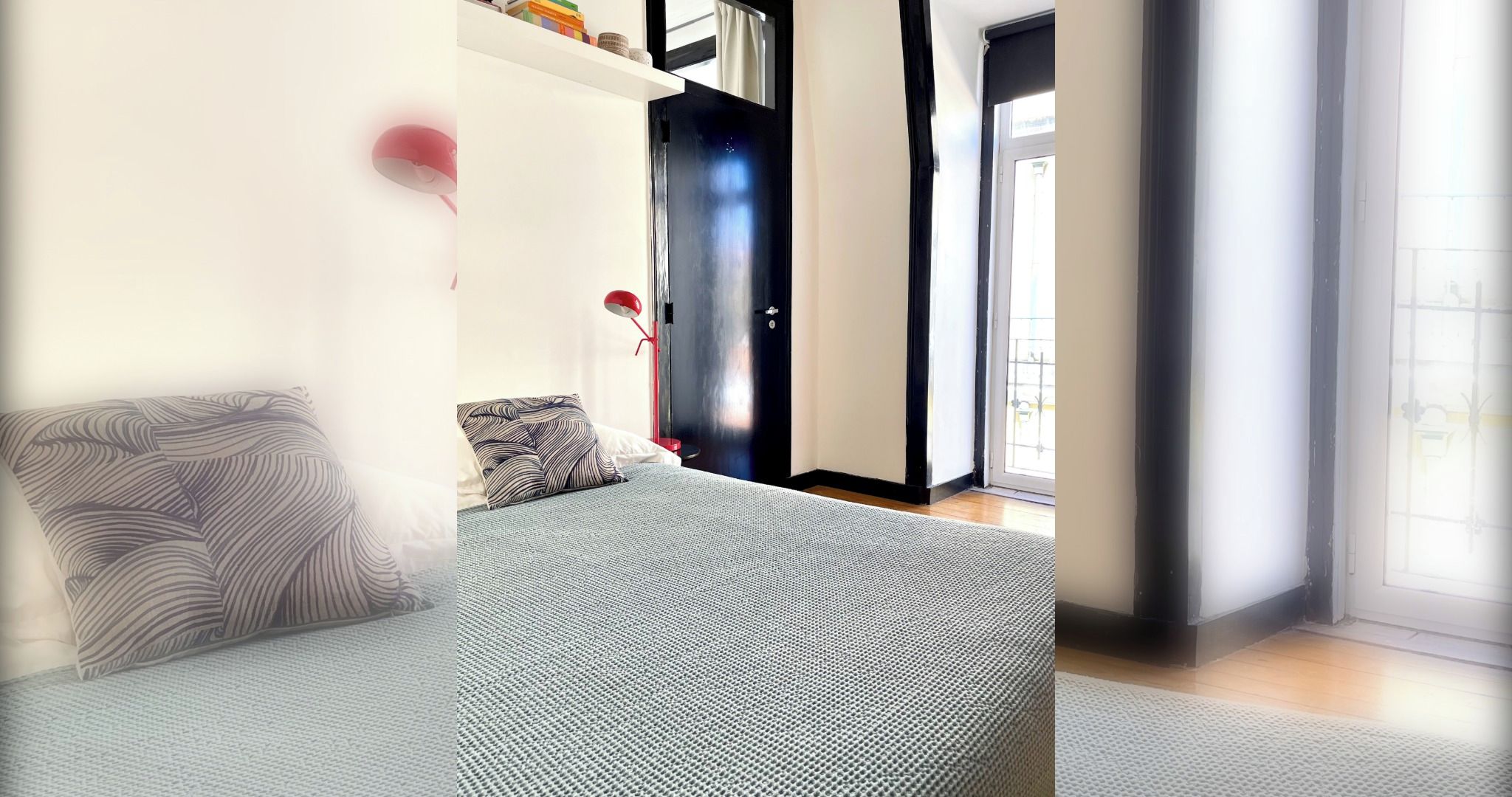 Quarto moderno com cama, mesa de cabeceira, abajur e porta para uma varanda.