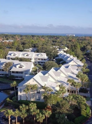 A residential area with multiple houses featuring gabled roofs and surrounded by palm trees.