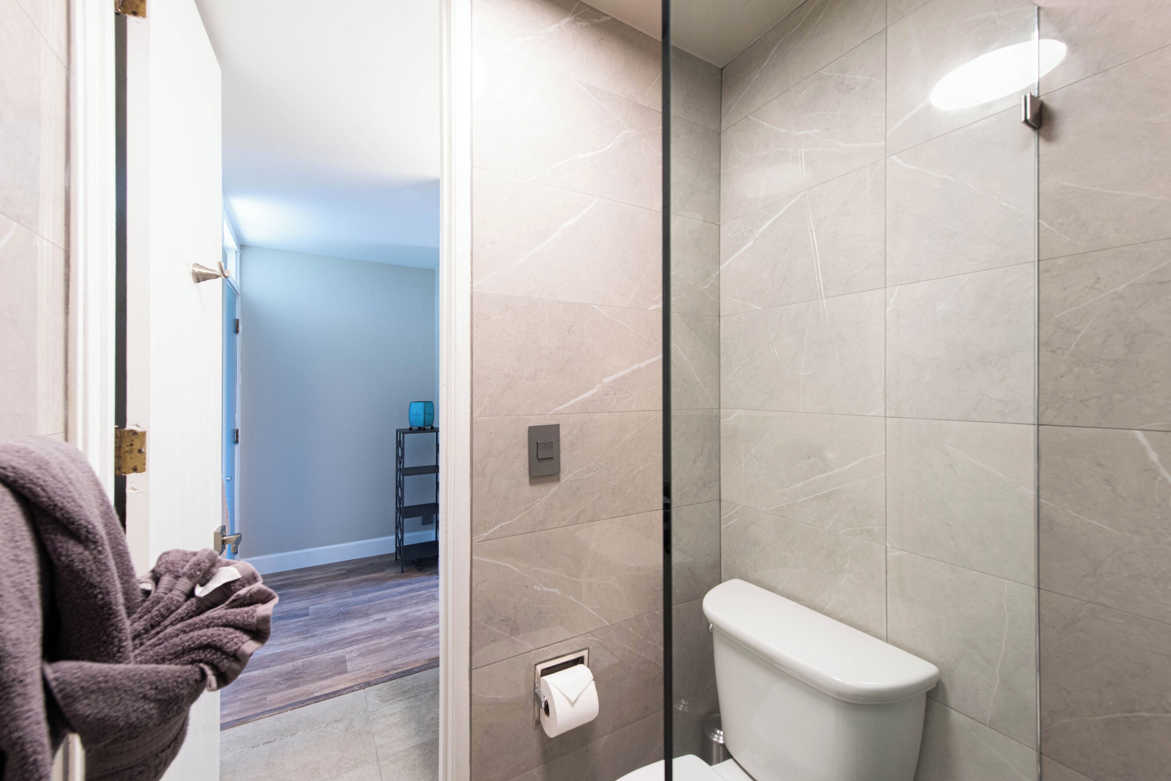 A modern bathroom with a glass shower enclosure, a toilet, and a visible towel rack.