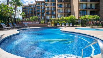 Outdoor pool, pool umbrellas, sun loungers