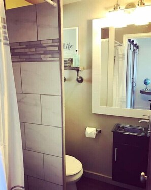 Un bagno con doccia, toilette e uno specchio sopra il lavandino.