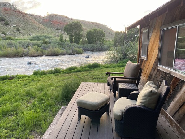 Terrace/patio - Remodeled Cabin on 40 private acres of Wind River frontage with R/V hookup.
(Dubois)