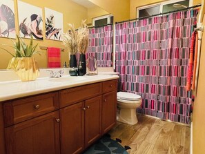 Hair dryer, bidet, towels, soap