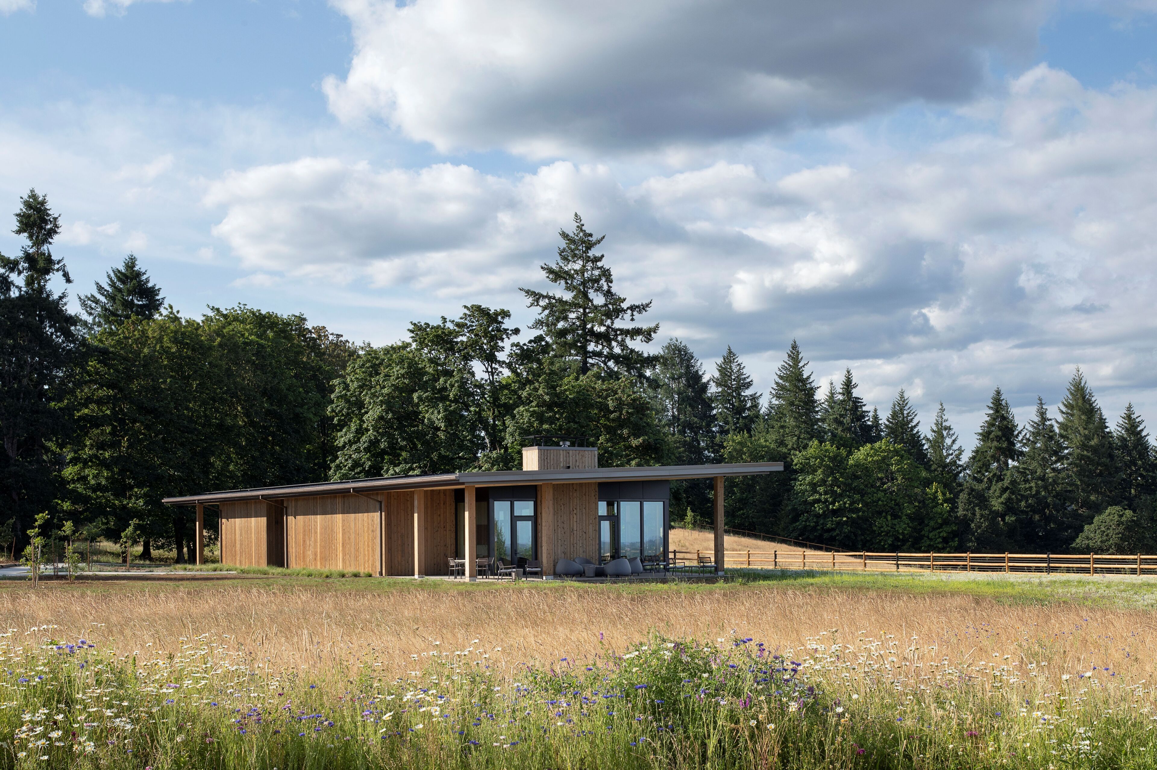 A modern house with a large open patio, surrounded by a natural landscape and tall trees.