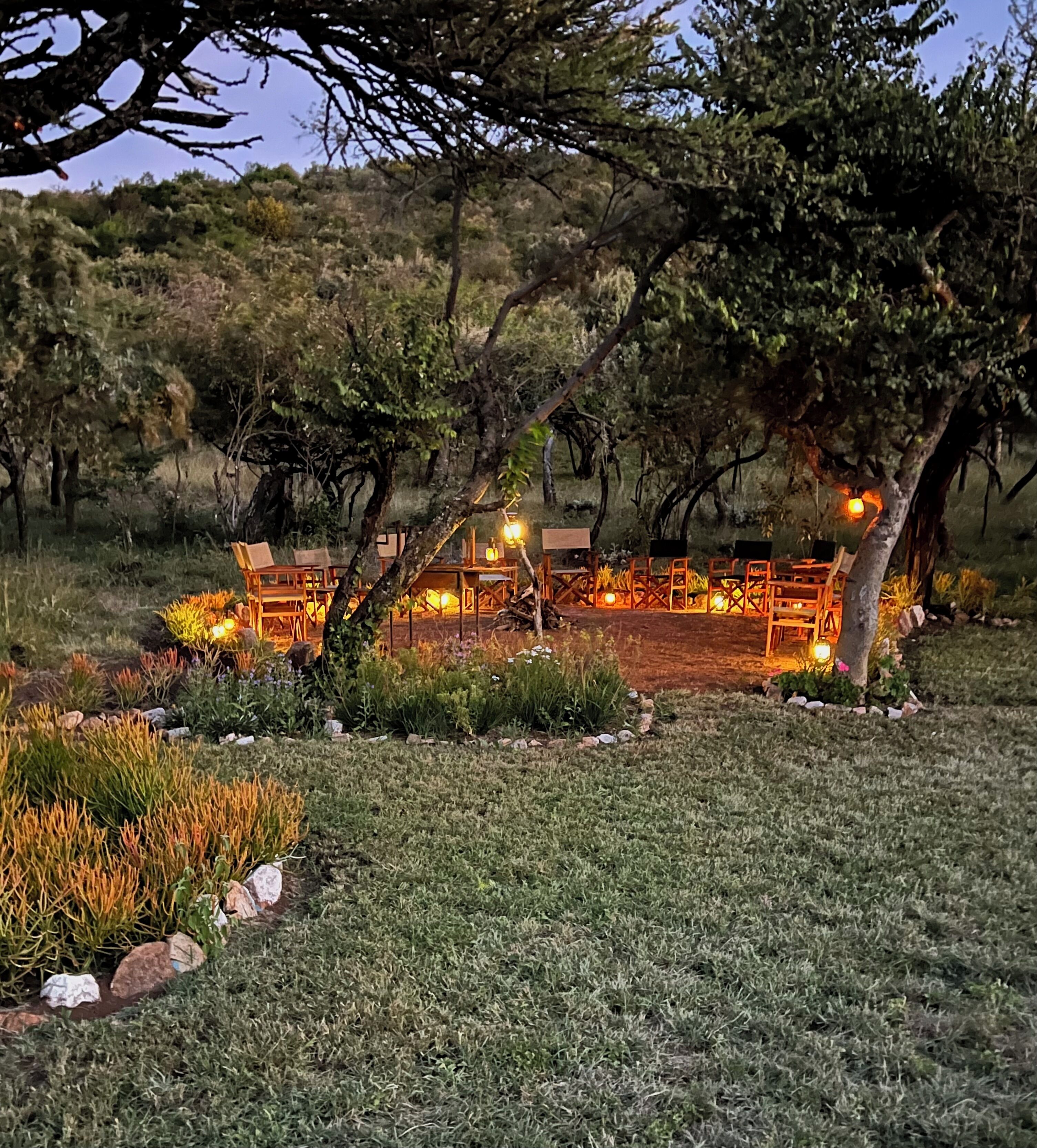 Zona esterna con tavoli e sedie all'ombra degli alberi, circondata da un giardino curato.