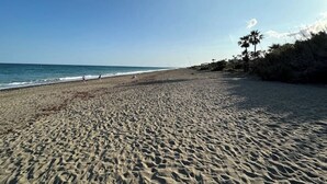A wide sandy beach with gentle waves, palm trees, and a clear sky. - cozy house close to the beach with garden (Saladillo Benamara)