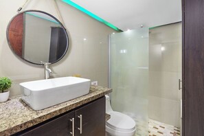 Hair dryer, towels, soap, shampoo