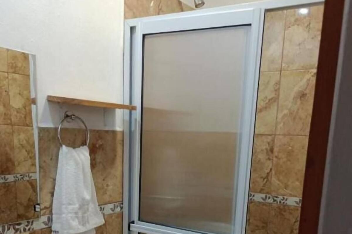 Shower, towels, soap, toilet paper