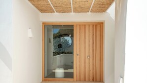 A modern interior with a wooden door, a glass panel, and a view of a garden.