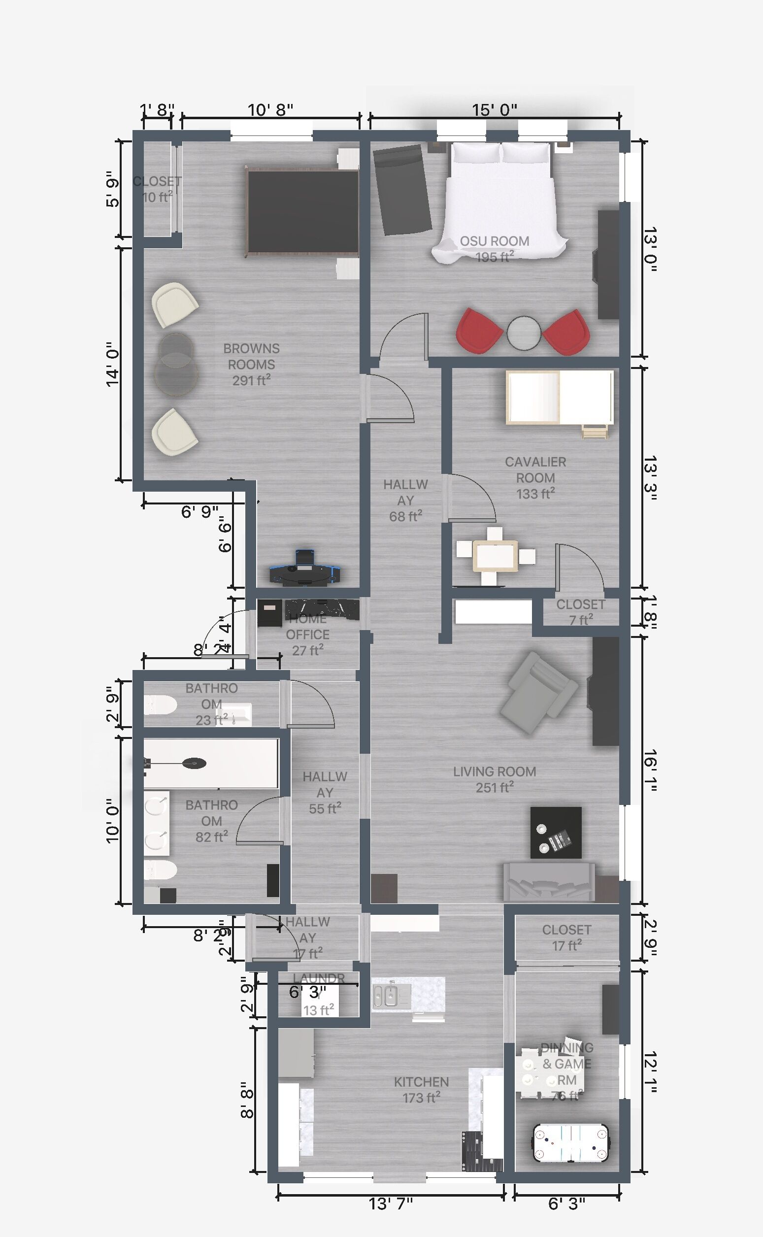 Een plattegrond van een woonhuis met een woonkamer, eetruimte, keuken, twee slaapkamers, een badkamer en een wasruimte.