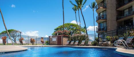 Outdoor pool, pool umbrellas, pool loungers