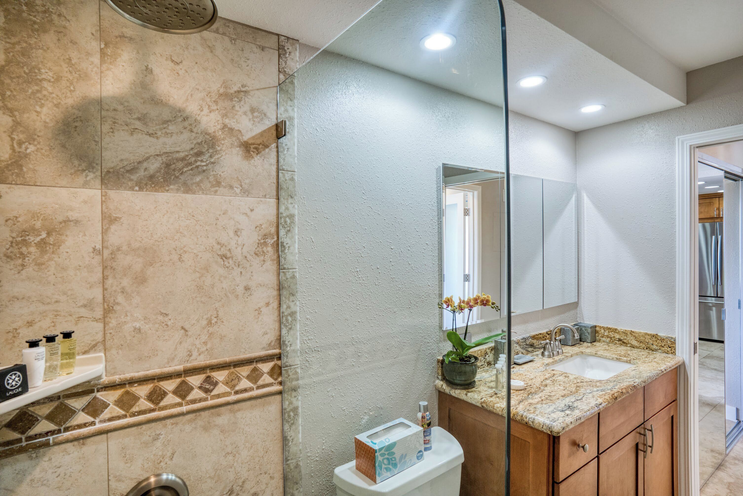 Une salle de bain avec une douche, un lavabo et un miroir.