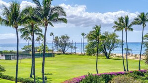 Ein Golfplatz mit Palmen und Blick auf den Ozean.