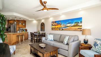 Luxury Condo | Living area | 80-inch Smart TV with digital channels, Hulu, streaming services