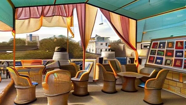 A rooftop bar with wicker furniture and a view of a building in the background. - Berozgar Hostel (Jaisalmer)