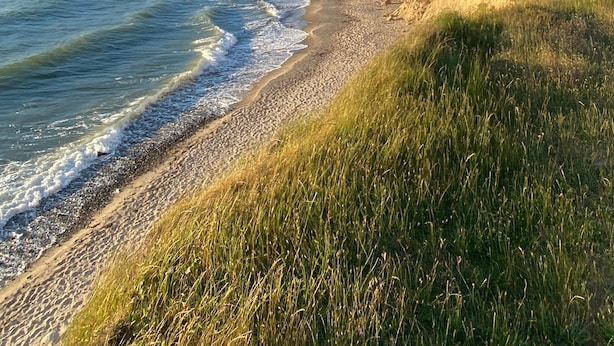 A coastal landscape with a beach, grassy dunes, and a cliff overlooking the sea. - Holiday Home 'Ankerplatz' with Sea View, Sauna, and Gas Fireplace (Dranske)
