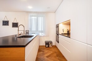 A modern kitchen with a black countertop, white cabinets, a sink, a window with sheer curtains, and two trash bins. - Apartment 'Lauterach' with Private Terrace, Balcony and Wi-Fi (Lauterach)