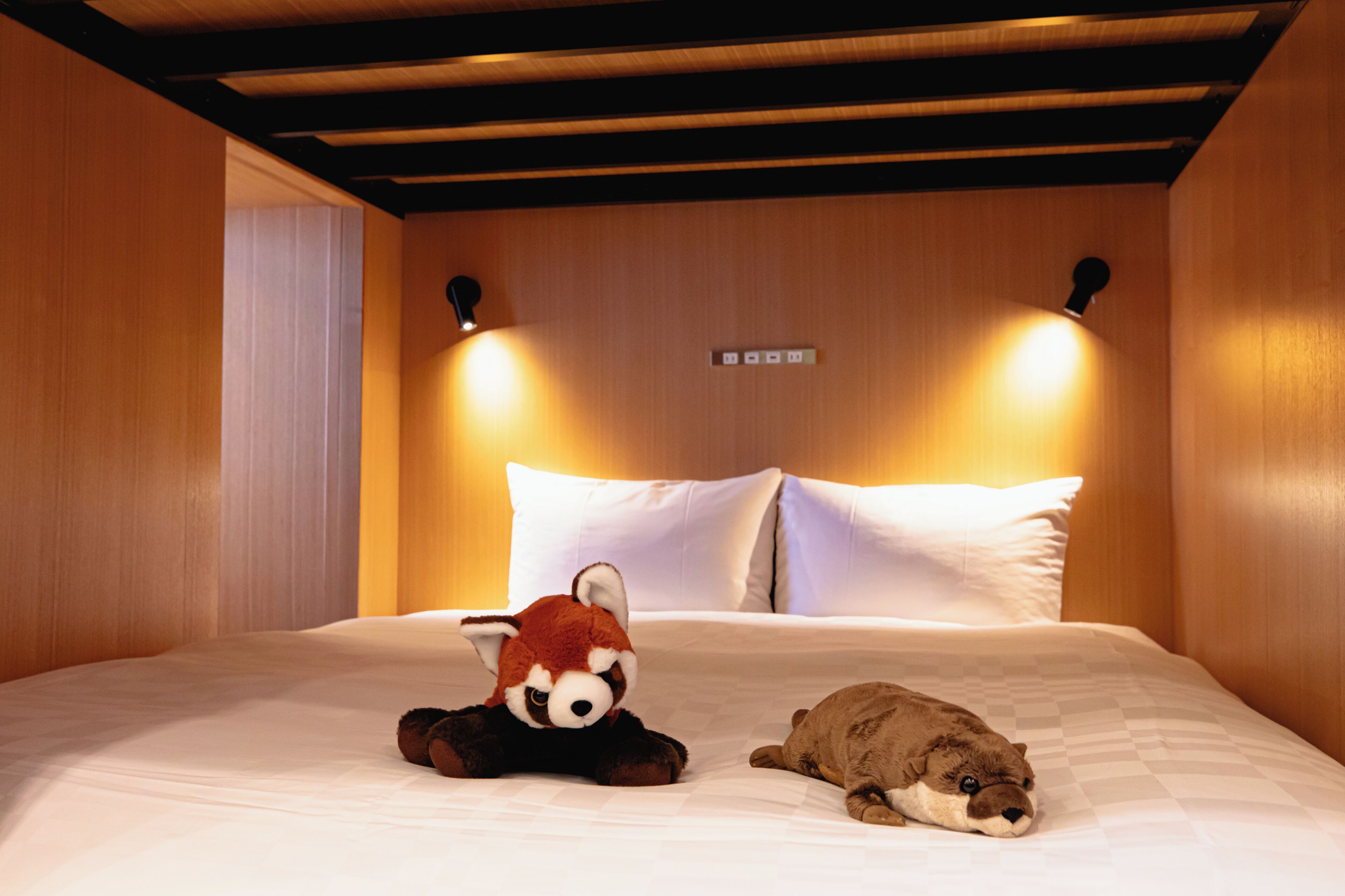 Habitación de hotel con cama, dos almohadas, una lámpara de pared y un peluche.