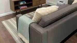 A living room with a flat-screen TV on a wooden stand, a grey sofa, and a striped rug. - The Monrow Suite! (West New York)