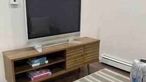 A living room with a flat-screen TV on a wooden stand, a striped rug, and a grey sofa. - The Monrow Suite! (West New York)