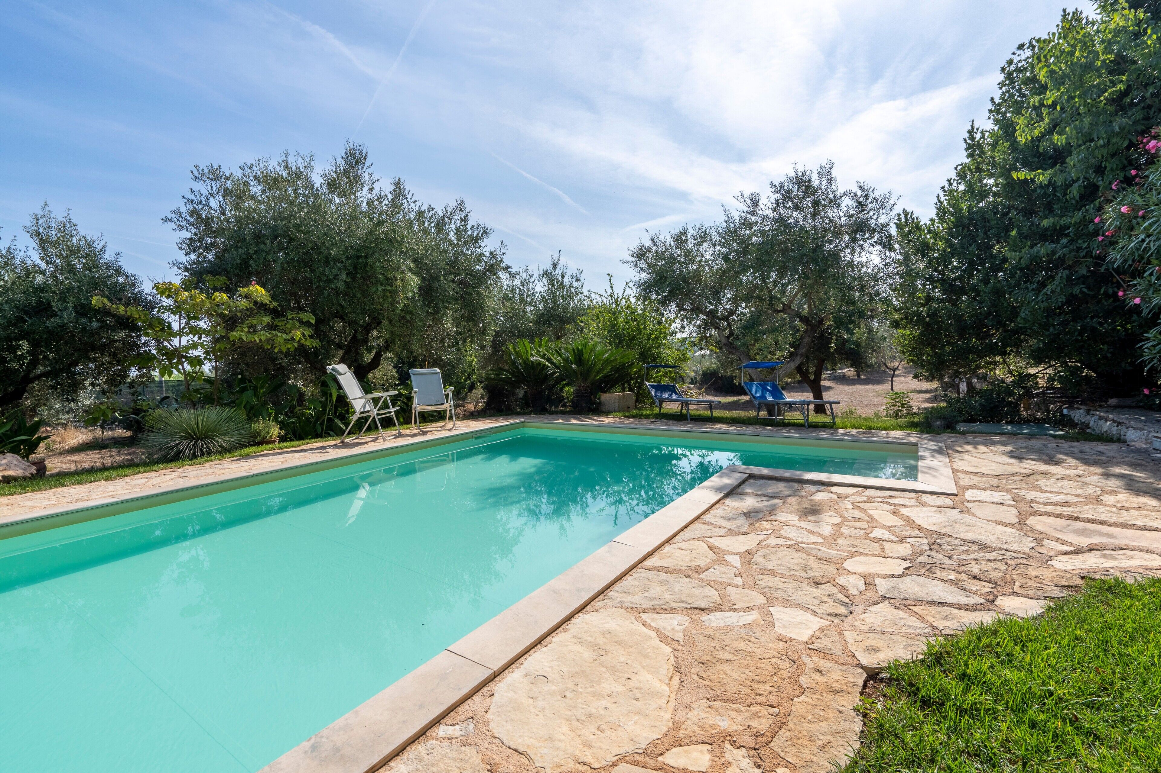 A swimming pool with stone tiles, surrounded by trees and a clear sky.