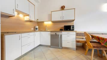 Fridge, stovetop, dishwasher, coffee/tea maker
