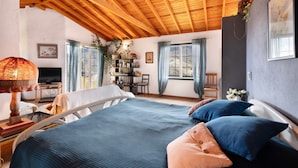 Ein Schlafzimmer mit Holzboden, einem Bett mit blauen und orangen Kissen, einem Nachttisch mit Lampe, einem Fernseher und einem Bücherregal.