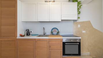 Een koelkast, een oven, een kookplaat, een vaatwasser