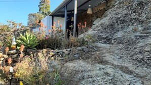 Un edificio con techo inclinado, rodeado de un jardín con diversas plantas y una estatua.