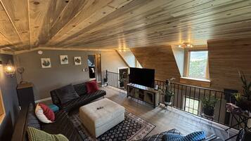 Smart TV, lareira, livros, escritórios