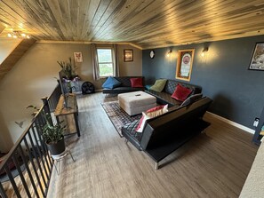 Smart TV, fireplace, books, offices