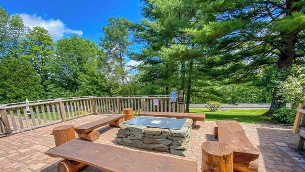 An outdoor patio with wooden benches and picnic tables, surrounded by a wooden fence and lush greenery.