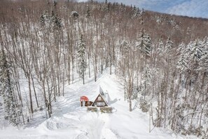 Una cabaña en un bosque nevado con un sendero despejado que lleva a ella.